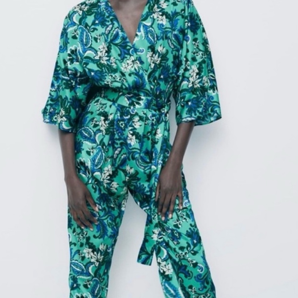 ZARA Floral Green Jumpsuit Small